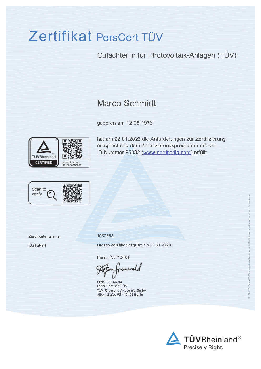 Zertifikat Gutachter PV Anlagen Marco Schmidt TÜV